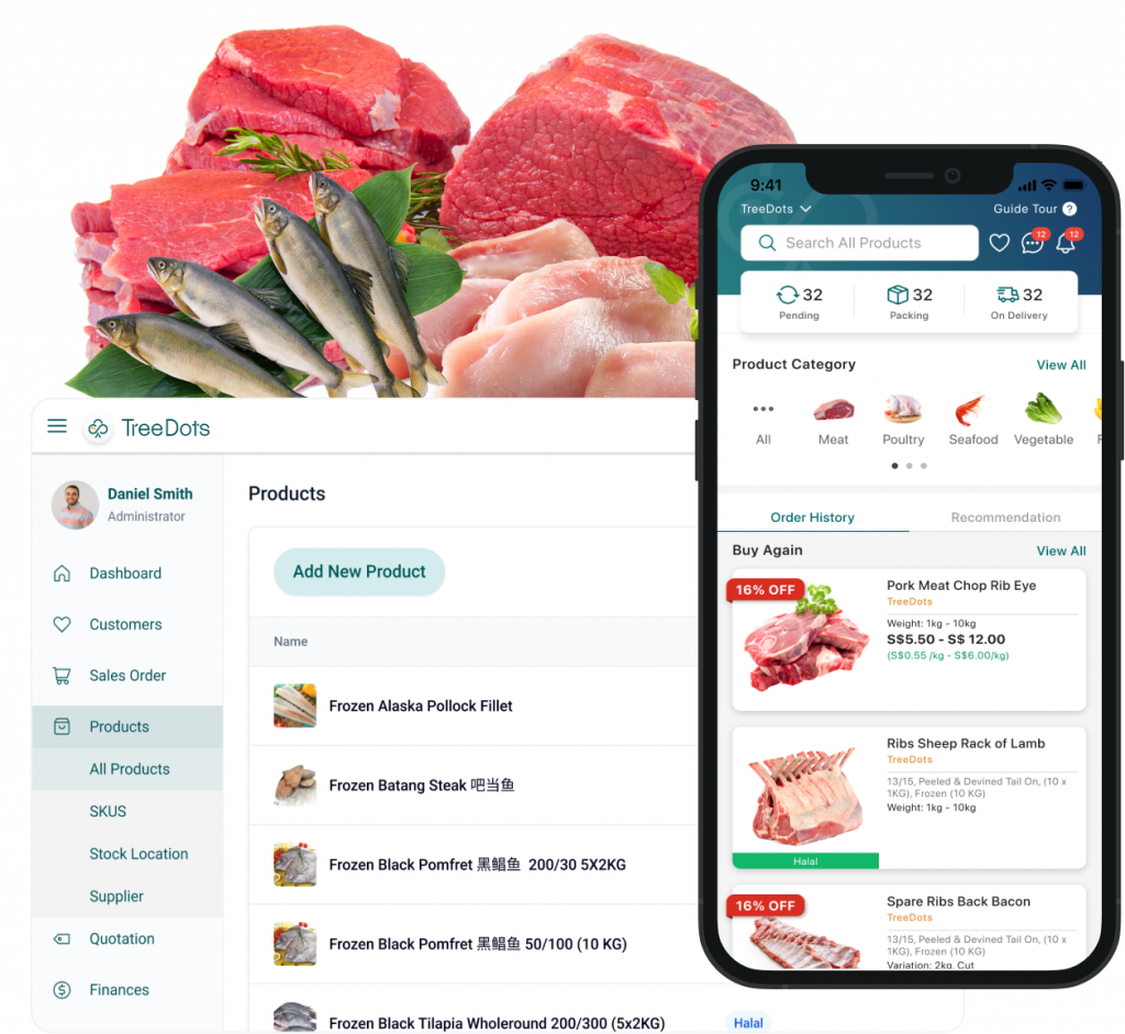 Product browse screen with search, filter chips (History, Bookings, Favourite, All, Newest, Quotes), and a list of SKUs with prices.
