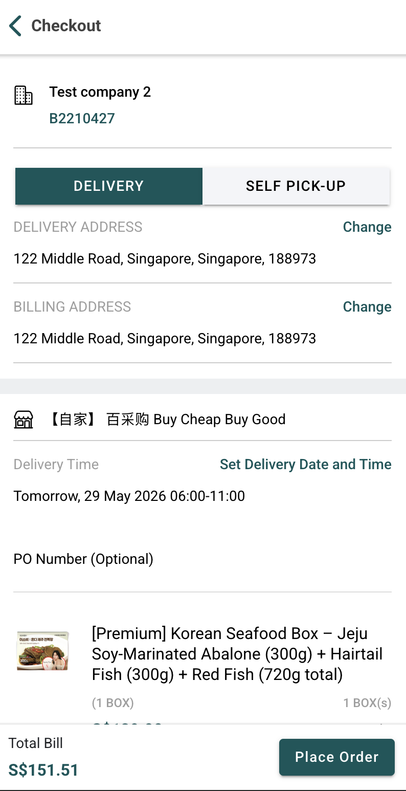 Merchant App checkout screen showing delivery address, billing address, scheduled delivery time, and order total.