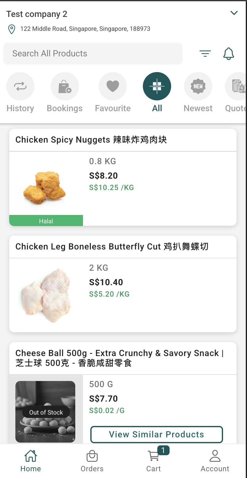 Product browse screen with search, filter chips (History, Bookings, Favourite, All, Newest, Quotes), and a list of SKUs with prices.